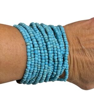 Avalaya Multi Strand Turquoise Beaded Bracelet Wooden Clasp Wide Stretchy